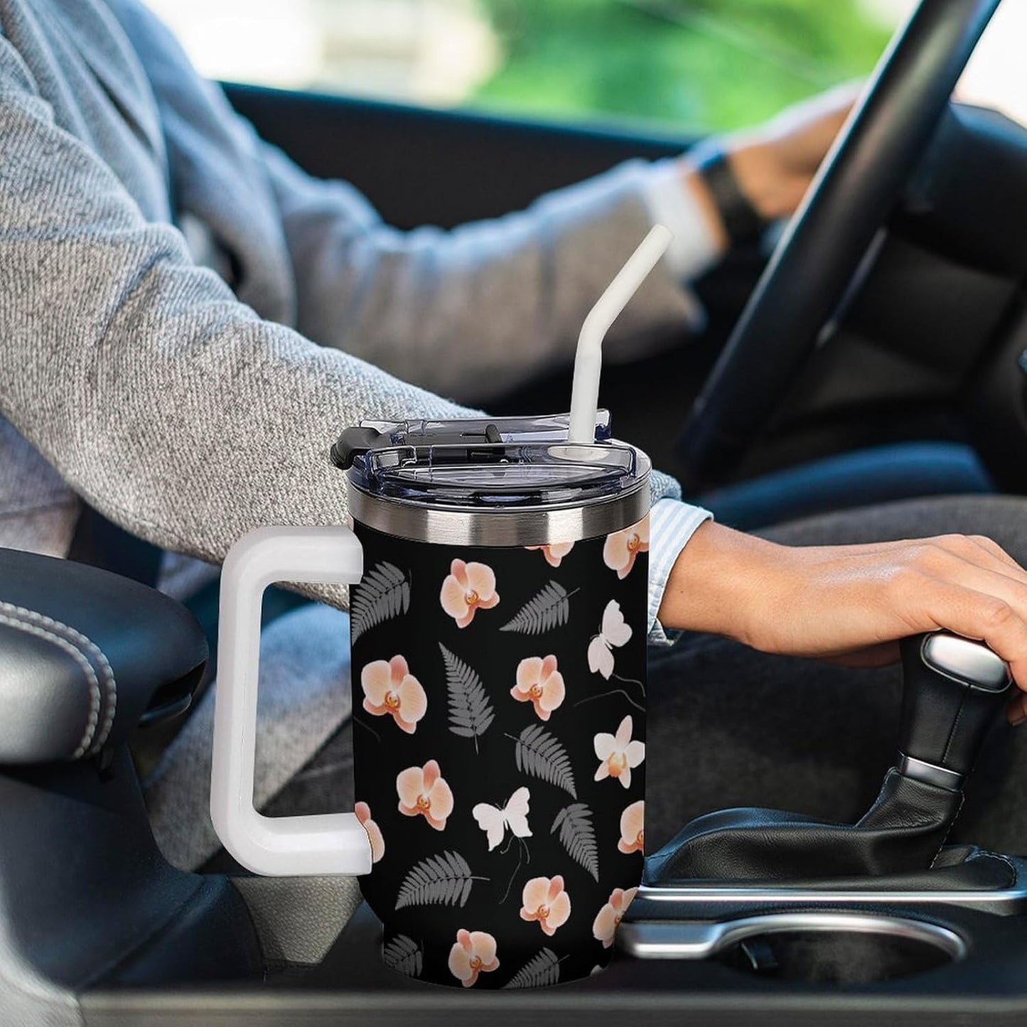 Leakproof Tumbler Vacuum Sealed Car Holder Friendly For Travel Teal And Peach Tropical Palm Leaf Pattern Water Tumbler white-style-23 - Colors E