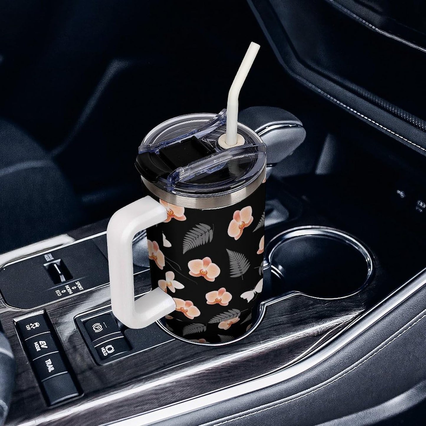 Leakproof Tumbler Vacuum Sealed Car Holder Friendly For Travel Teal And Peach Tropical Palm Leaf Pattern Water Tumbler white-style-23 - Colors E