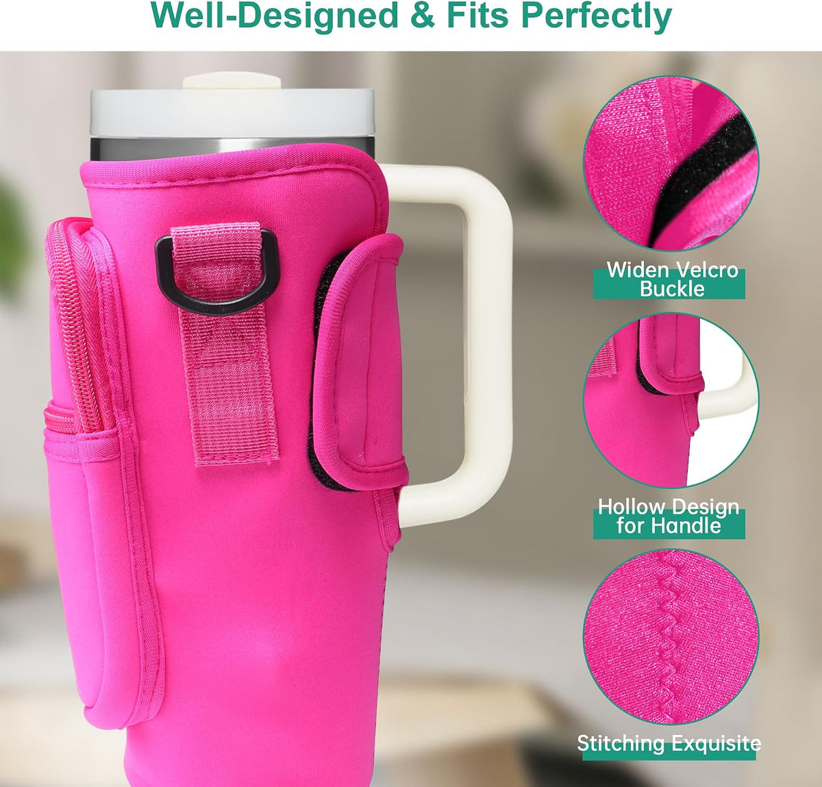 Water Bottle Carrier Bag for Stanley 30oz Tumbler with Phone Pocket, Water Bottle Holder with Strap Cross-body Cup Bag Neoprene Tumbler Pouch with Handle, Stanley Cup Accessories, Hot Pink