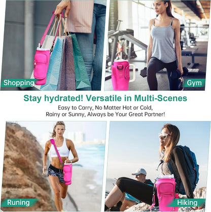 Water Bottle Carrier Bag for Stanley 30oz Tumbler with Phone Pocket, Water Bottle Holder with Strap Cross-body Cup Bag Neoprene Tumbler Pouch with Handle, Stanley Cup Accessories, Hot Pink