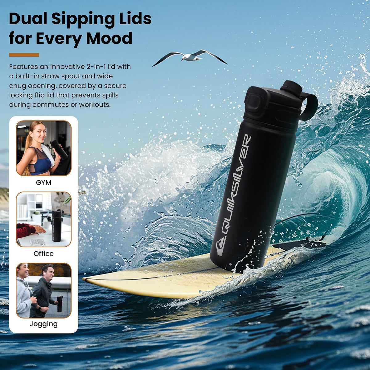 Laguna 32oz Tripple Wall Stainless Steel Water Bottle, Reusuable Sports Bottle with Leak-Proof Straw and Spout Lid, Non-Slip Rubber Base, Carrier Handle, 24H Hot & Cold Insulated Tumbler