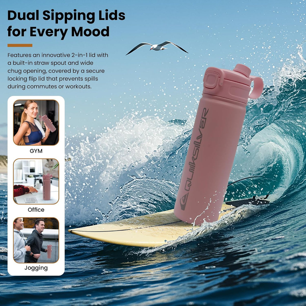 Laguna 32oz Tripple Wall Stainless Steel Water Bottle, Reusuable Sports Bottle with Leak-Proof Straw and Spout Lid, Non-Slip Rubber Base, Carrier Handle, 24H Hot & Cold Insulated Tumbler