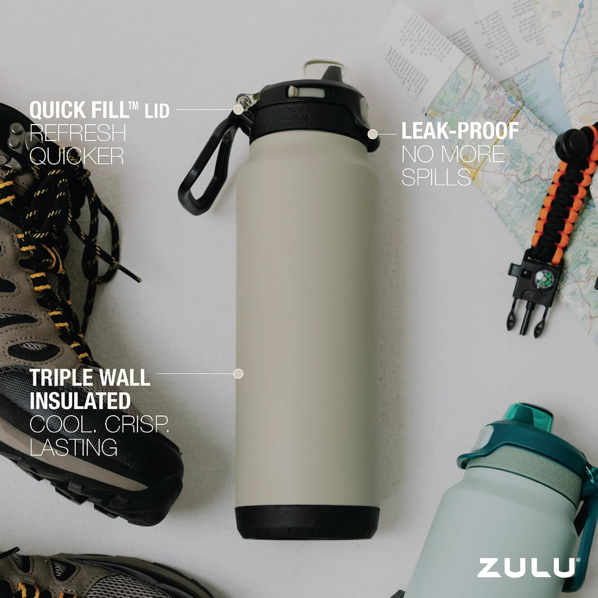 Powerfill Pro 32oz Stainless Steel Sip or Chug Water Bottle, High Tide