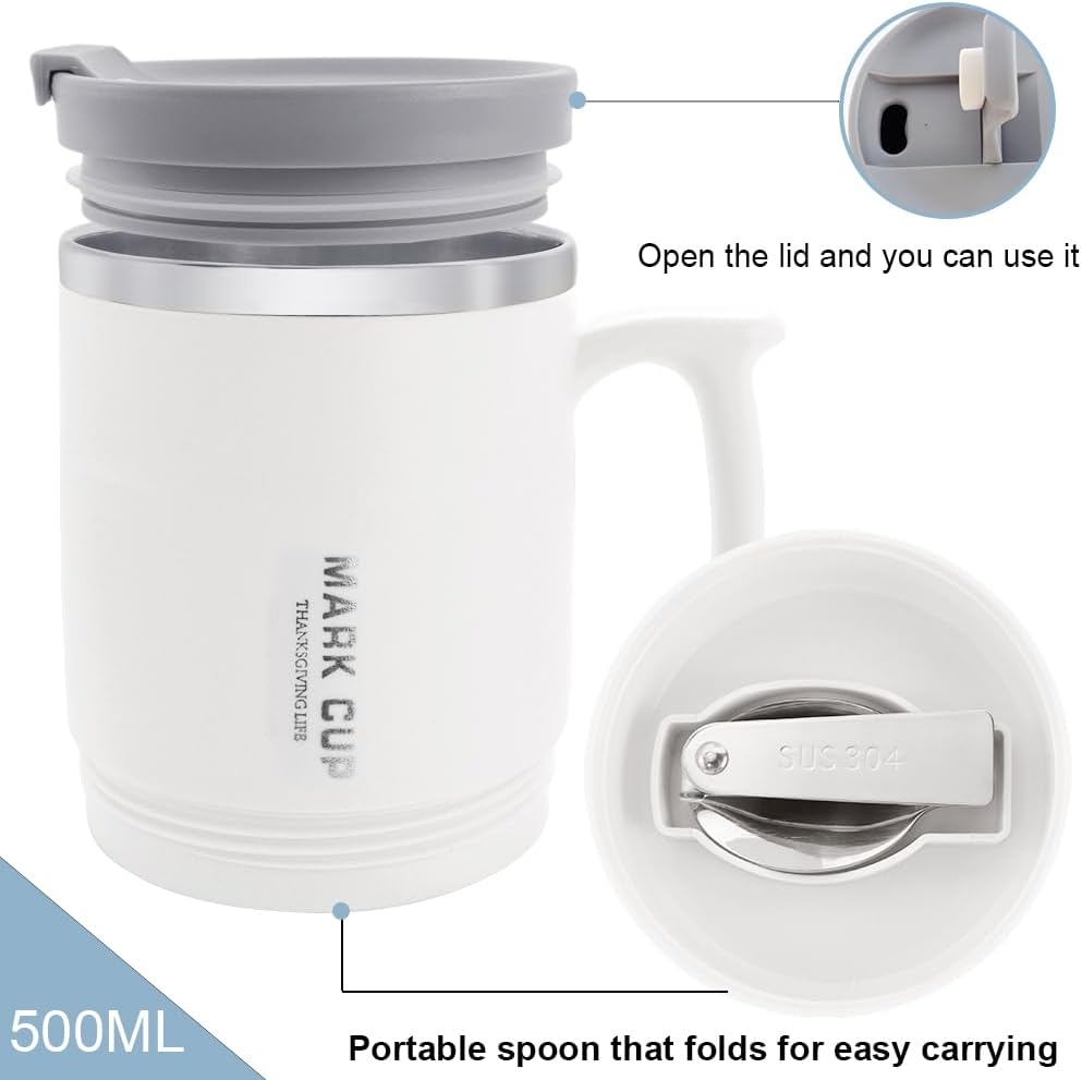 1 Pack Stainless Steel Insulated Coffee Mug With Handle and Lid, 17ozl Thermal Mug Travel Double Wall Reusable Tumbler Cup with Hidden Folding Spoon