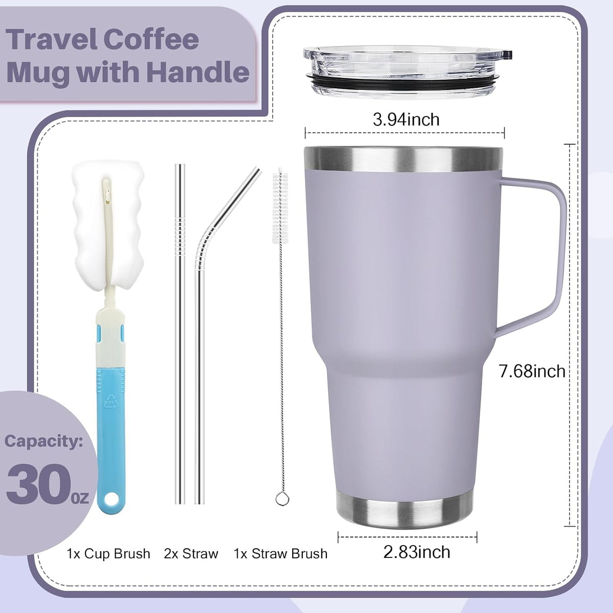 40 oz Tumbler with Handle, Insulated Tumbler with Lid and Straw, Reusable Stainless Steel Vacuum Insulated Cup, 100% Leak Proof Thermal Travel Coffee Mug Cup for Cold and Hot (Light Purple)