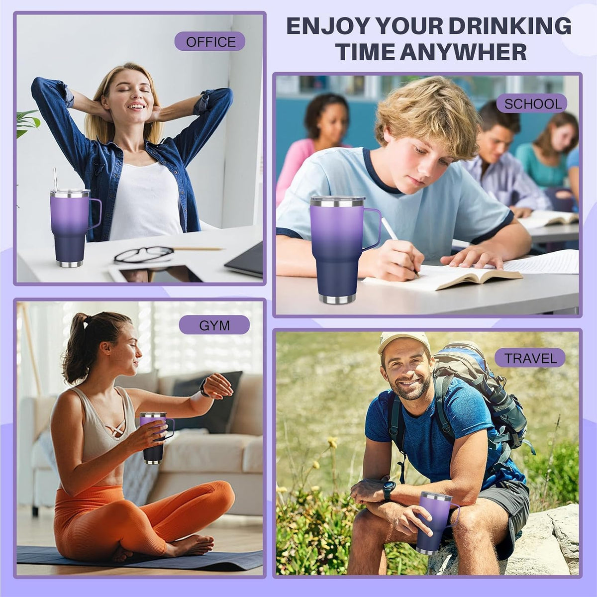 40 oz Tumbler with Handle, Insulated Tumbler with Lid and Straw, Reusable Stainless Steel Vacuum Insulated Cup, 100% Leak Proof Thermal Travel Coffee Mug Cup for Cold and Hot (Light Purple)