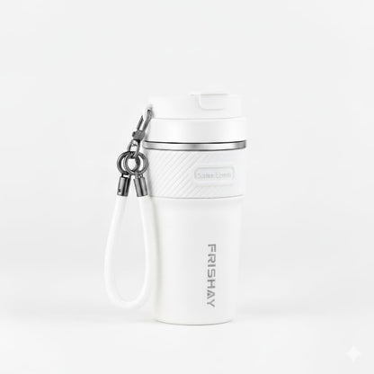 FRISHAY 16 oz Ceramic Lined Travel Mug, Vacuum Insulated Coffee Tumbler with Flip Lid & Carry Strap, SUS316 Stainless Steel Interior, Leak Resistant Coffee Cup for Office, Car, Commute & Travel-White