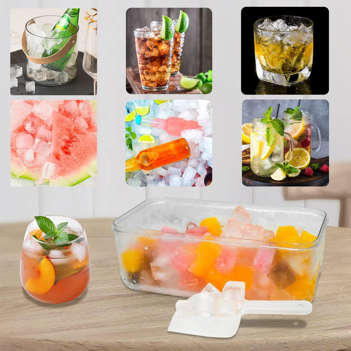 Ice Trays for Freezer with Lid & Bin, Ice Cube Tray Making 64 pcs Ice Cubes, Easy Press to Release Ice, Ice Tray with Storage Bin Chilling Cocktail Whiskey Coffee 2 Trays 1 Ice Bucket & Scoop (Black)