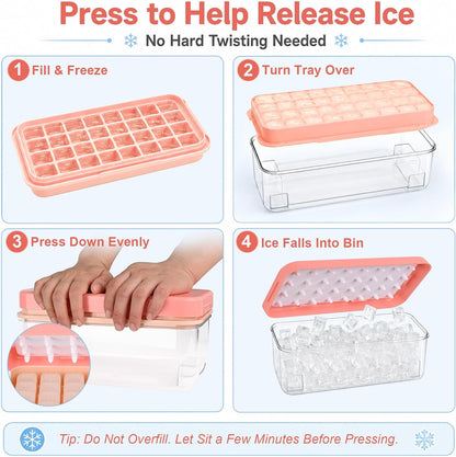 Ice Trays for Freezer with Lid & Bin, Ice Cube Tray Making 64 pcs Ice Cubes, Easy Press to Release Ice, Ice Tray with Storage Bin Chilling Cocktail Whiskey Coffee 2 Trays 1 Ice Bucket & Scoop (Black)