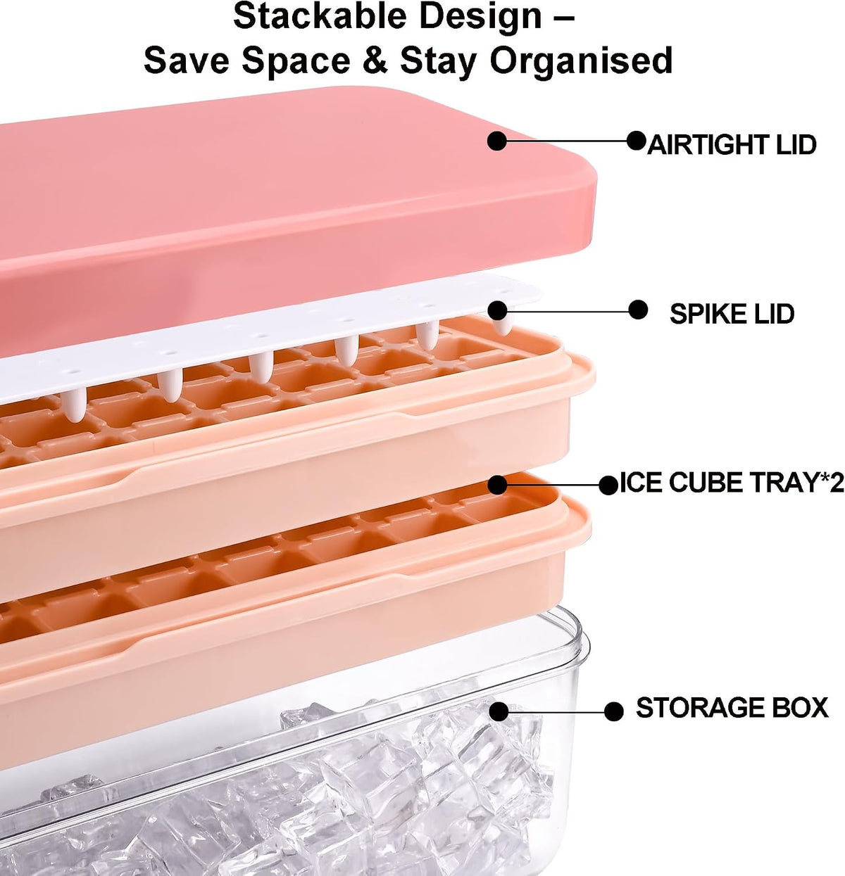 Ice Trays for Freezer with Lid & Bin, Ice Cube Tray Making 64 pcs Ice Cubes, Easy Press to Release Ice, Ice Tray with Storage Bin Chilling Cocktail Whiskey Coffee 2 Trays 1 Ice Bucket & Scoop (Black)
