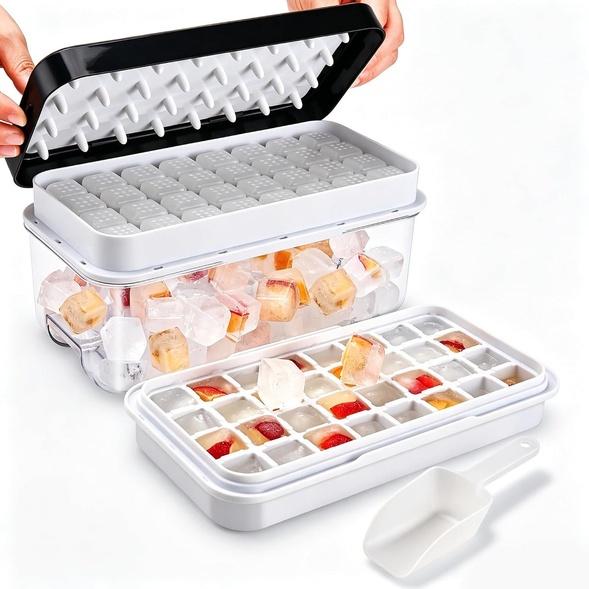 Ice Trays for Freezer with Lid & Bin, Ice Cube Tray Making 64 pcs Ice Cubes, Easy Press to Release Ice, Ice Tray with Storage Bin Chilling Cocktail Whiskey Coffee 2 Trays 1 Ice Bucket & Scoop (Black)