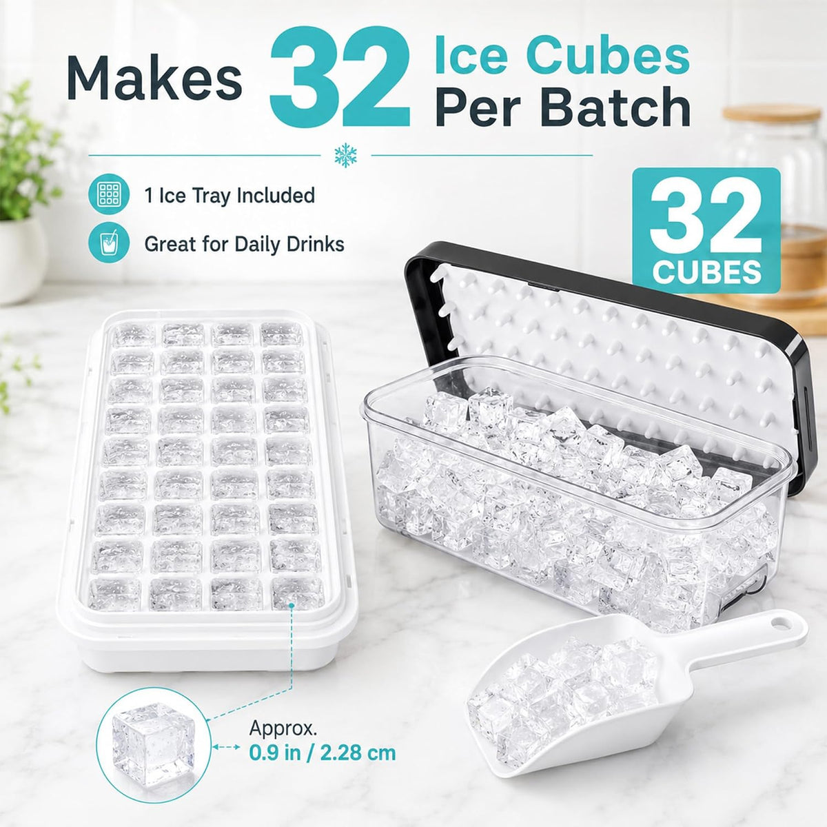 Ice Trays for Freezer with Lid & Bin, Ice Cube Tray Making 64 pcs Ice Cubes, Easy Press to Release Ice, Ice Tray with Storage Bin Chilling Cocktail Whiskey Coffee 2 Trays 1 Ice Bucket & Scoop (Black)