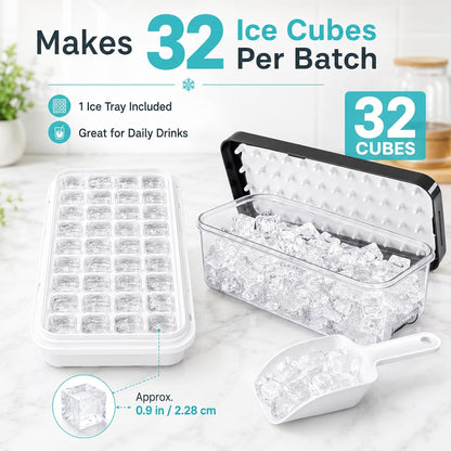 Ice Trays for Freezer with Lid & Bin, Ice Cube Tray Making 64 pcs Ice Cubes, Easy Press to Release Ice, Ice Tray with Storage Bin Chilling Cocktail Whiskey Coffee 2 Trays 1 Ice Bucket & Scoop (Black)