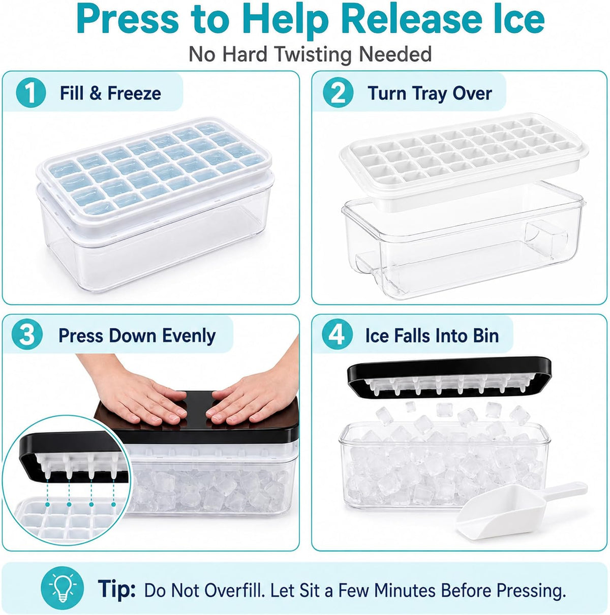 Ice Trays for Freezer with Lid & Bin, Ice Cube Tray Making 64 pcs Ice Cubes, Easy Press to Release Ice, Ice Tray with Storage Bin Chilling Cocktail Whiskey Coffee 2 Trays 1 Ice Bucket & Scoop (Black)
