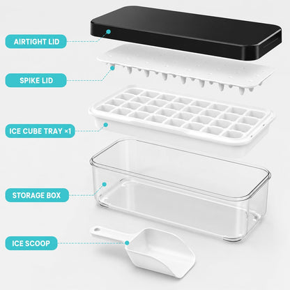 Ice Trays for Freezer with Lid & Bin, Ice Cube Tray Making 64 pcs Ice Cubes, Easy Press to Release Ice, Ice Tray with Storage Bin Chilling Cocktail Whiskey Coffee 2 Trays 1 Ice Bucket & Scoop (Black)