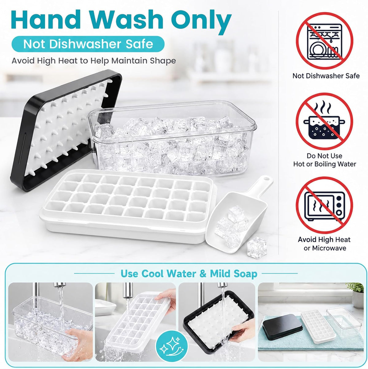 Ice Trays for Freezer with Lid & Bin, Ice Cube Tray Making 64 pcs Ice Cubes, Easy Press to Release Ice, Ice Tray with Storage Bin Chilling Cocktail Whiskey Coffee 2 Trays 1 Ice Bucket & Scoop (Black)