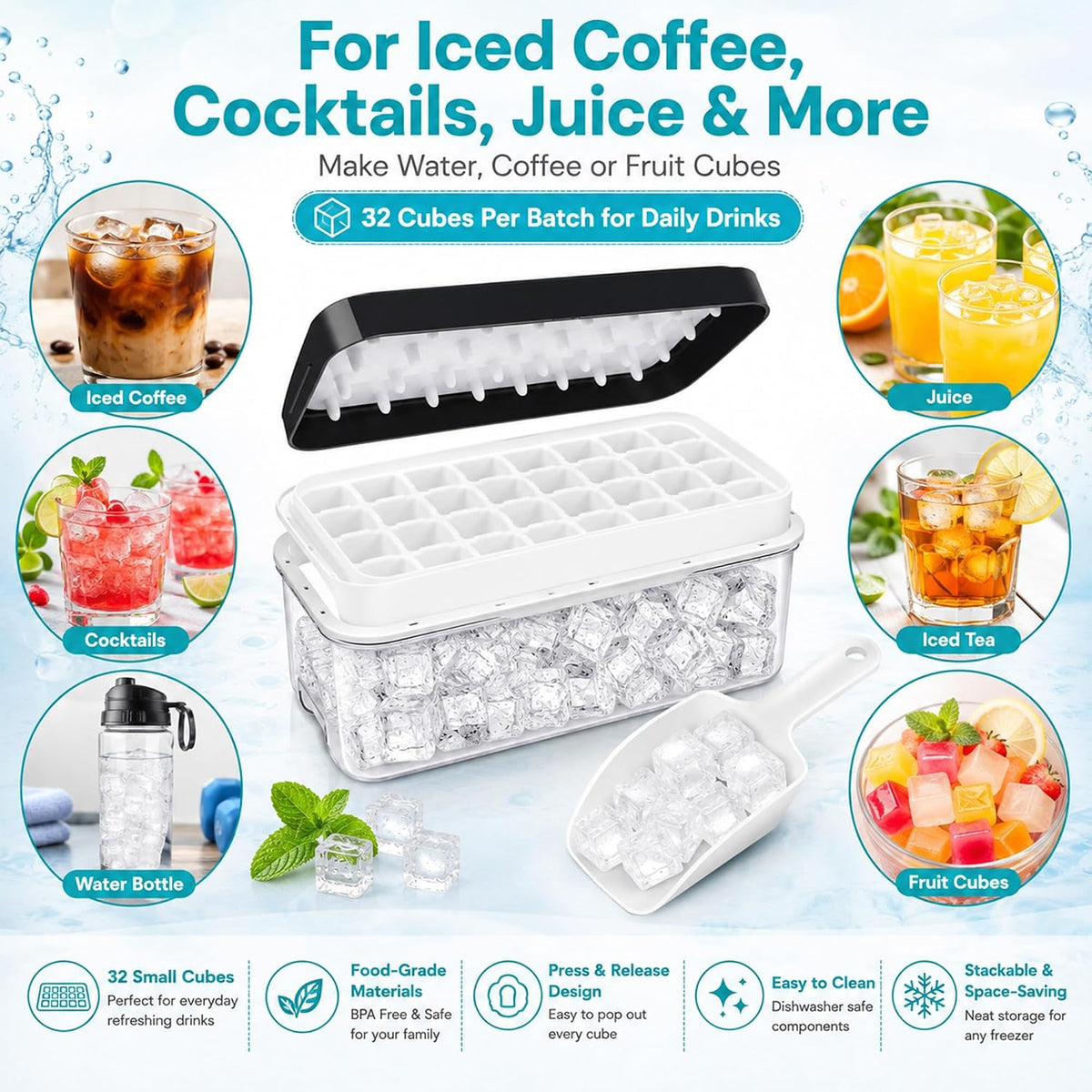 Ice Trays for Freezer with Lid & Bin, Ice Cube Tray Making 64 pcs Ice Cubes, Easy Press to Release Ice, Ice Tray with Storage Bin Chilling Cocktail Whiskey Coffee 2 Trays 1 Ice Bucket & Scoop (Black)