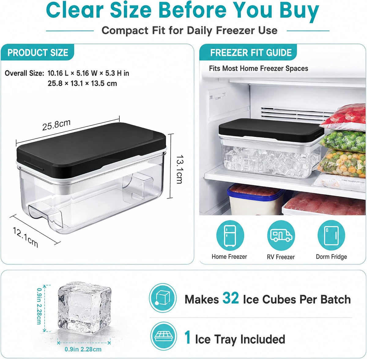 Ice Trays for Freezer with Lid & Bin, Ice Cube Tray Making 64 pcs Ice Cubes, Easy Press to Release Ice, Ice Tray with Storage Bin Chilling Cocktail Whiskey Coffee 2 Trays 1 Ice Bucket & Scoop (Black)