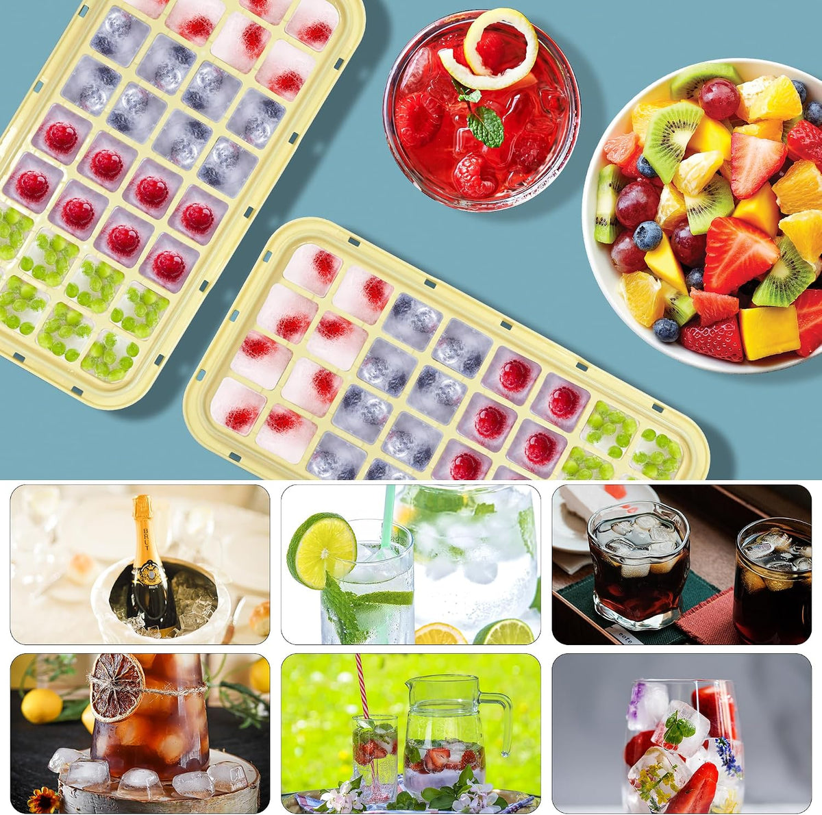 Ice Trays for Freezer with Lid & Bin, Ice Cube Tray Making 64 pcs Ice Cubes, Easy Press to Release Ice, Ice Tray with Storage Bin Chilling Cocktail Whiskey Coffee 2 Trays 1 Ice Bucket & Scoop (Black)