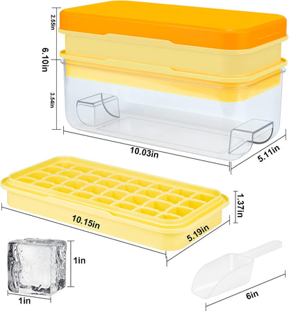 Ice Trays for Freezer with Lid & Bin, Ice Cube Tray Making 64 pcs Ice Cubes, Easy Press to Release Ice, Ice Tray with Storage Bin Chilling Cocktail Whiskey Coffee 2 Trays 1 Ice Bucket & Scoop (Black)
