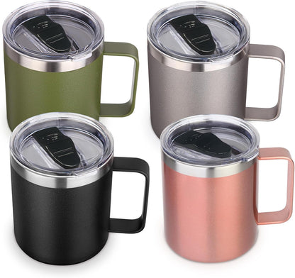 Volhoply 14oz Insulated Stainless Steel Coffee Mug with Lid Bulk,Double Wall Vacuum Travel Coffee Cup with Handle,Reusable Metal Cups Tumbler Cup,Camping Mugs,Ideal Gifts(Mix,4)