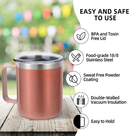 Volhoply 14oz Insulated Stainless Steel Coffee Mug with Lid Bulk,Double Wall Vacuum Travel Coffee Cup with Handle,Reusable Metal Cups Tumbler Cup,Camping Mugs,Ideal Gifts(Mix,4)