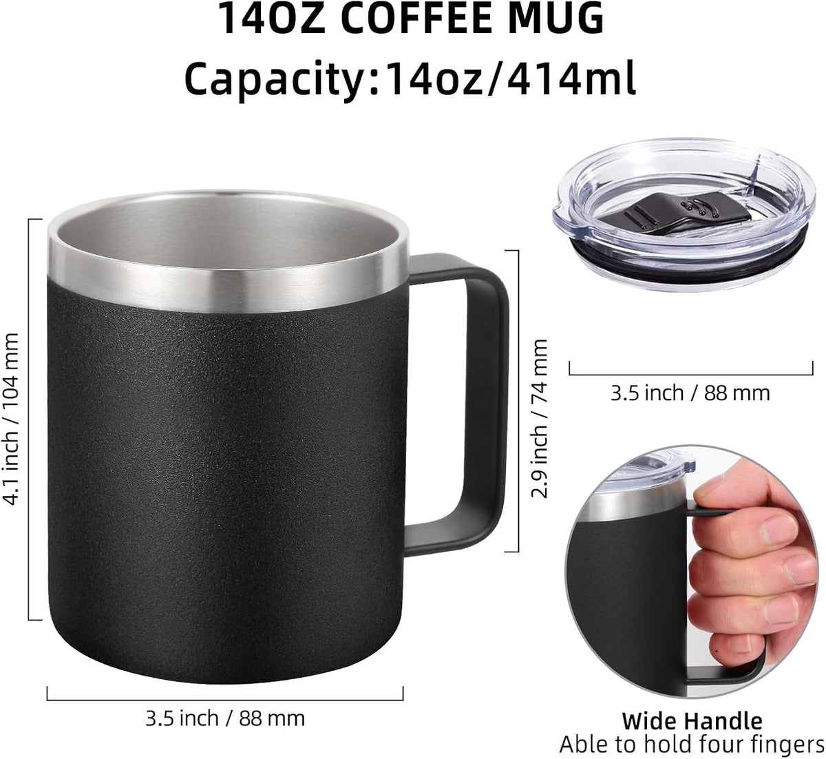 Volhoply 14oz Insulated Stainless Steel Coffee Mug with Lid Bulk,Double Wall Vacuum Travel Coffee Cup with Handle,Reusable Metal Cups Tumbler Cup,Camping Mugs,Ideal Gifts(Mix,4)