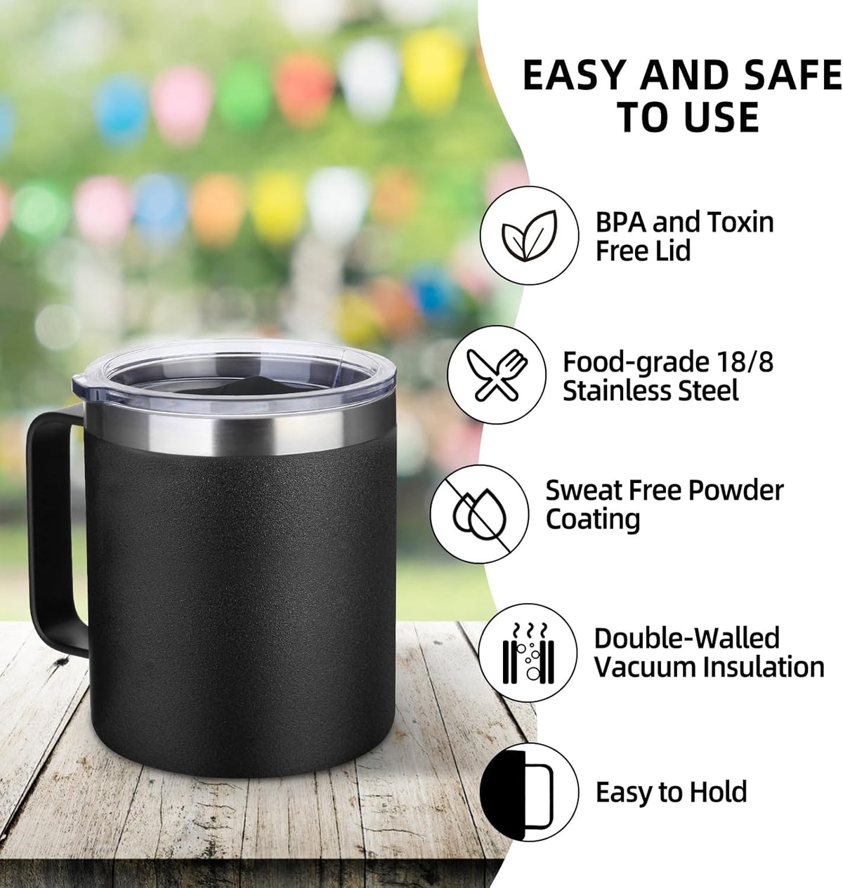 Volhoply 14oz Insulated Stainless Steel Coffee Mug with Lid Bulk,Double Wall Vacuum Travel Coffee Cup with Handle,Reusable Metal Cups Tumbler Cup,Camping Mugs,Ideal Gifts(Mix,4)