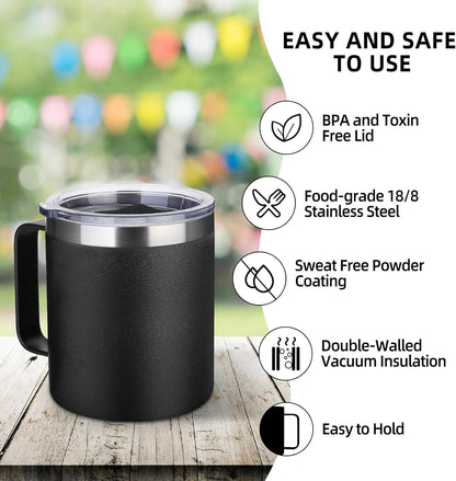Volhoply 14oz Insulated Stainless Steel Coffee Mug with Lid Bulk,Double Wall Vacuum Travel Coffee Cup with Handle,Reusable Metal Cups Tumbler Cup,Camping Mugs,Ideal Gifts(Mix,4)