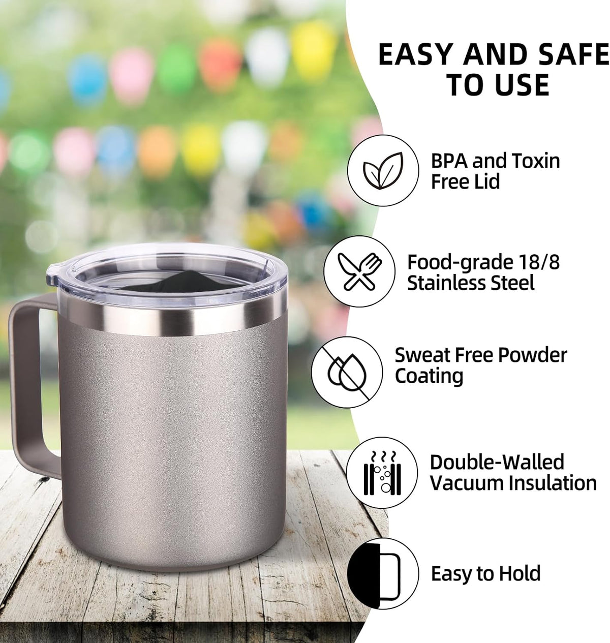 Volhoply 14oz Insulated Stainless Steel Coffee Mug with Lid Bulk,Double Wall Vacuum Travel Coffee Cup with Handle,Reusable Metal Cups Tumbler Cup,Camping Mugs,Ideal Gifts(Mix,4)