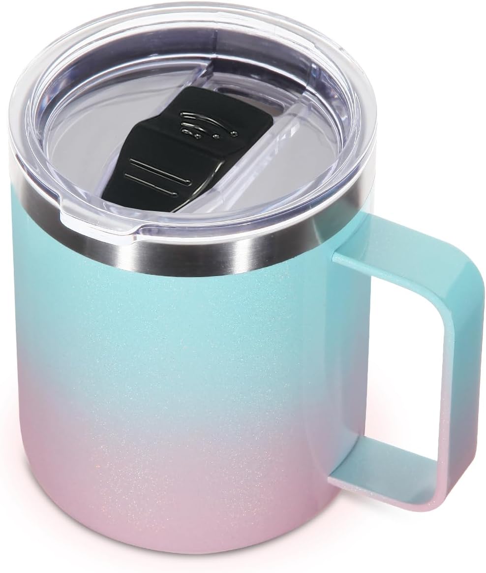 Volhoply 14oz Insulated Stainless Steel Coffee Mug with Lid Bulk,Double Wall Vacuum Travel Coffee Cup with Handle,Reusable Metal Cups Tumbler Cup,Camping Mugs,Ideal Gifts(Mix,4)
