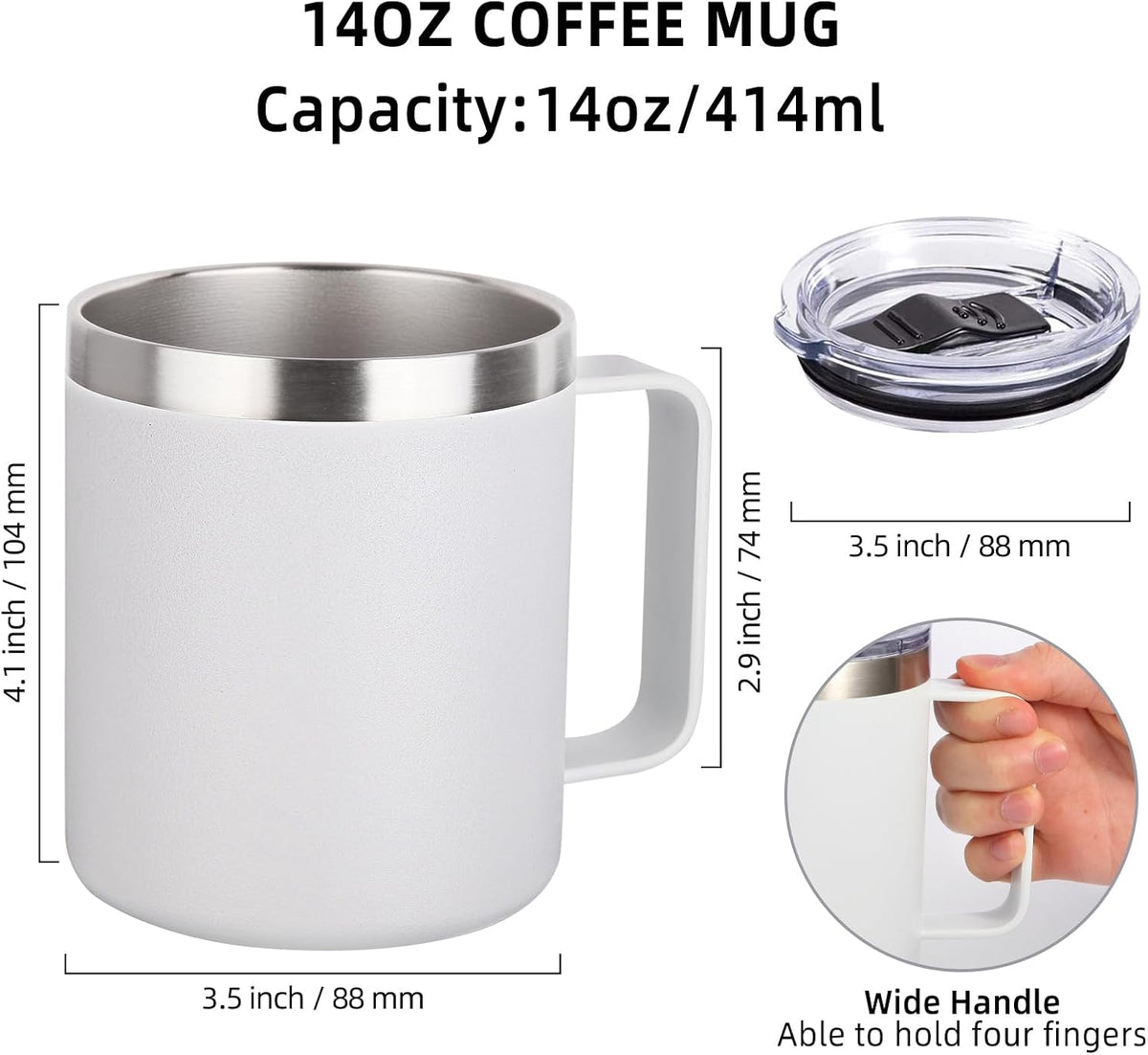 Volhoply 14oz Insulated Stainless Steel Coffee Mug with Lid Bulk,Double Wall Vacuum Travel Coffee Cup with Handle,Reusable Metal Cups Tumbler Cup,Camping Mugs,Ideal Gifts(Mix,4)