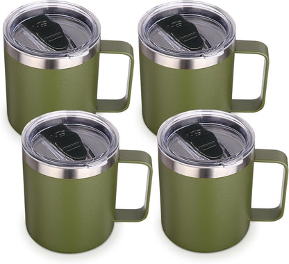 Volhoply 14oz Insulated Stainless Steel Coffee Mug with Lid Bulk,Double Wall Vacuum Travel Coffee Cup with Handle,Reusable Metal Cups Tumbler Cup,Camping Mugs,Ideal Gifts(Mix,4)
