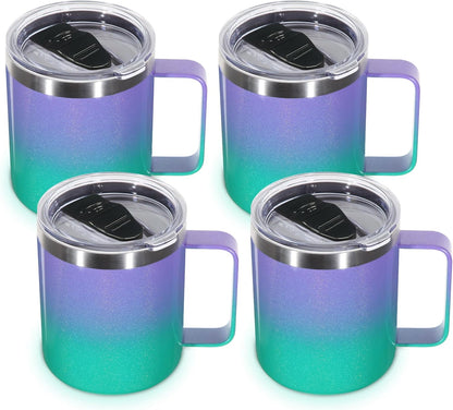 Volhoply 14oz Insulated Stainless Steel Coffee Mug with Lid Bulk,Double Wall Vacuum Travel Coffee Cup with Handle,Reusable Metal Cups Tumbler Cup,Camping Mugs,Ideal Gifts(Mix,4)