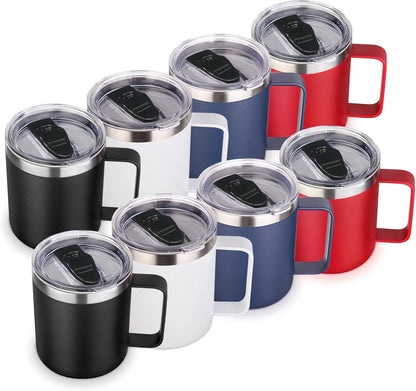 Volhoply 14oz Insulated Stainless Steel Coffee Mug with Lid Bulk,Double Wall Vacuum Travel Coffee Cup with Handle,Reusable Metal Cups Tumbler Cup,Camping Mugs,Ideal Gifts(Mix,4)