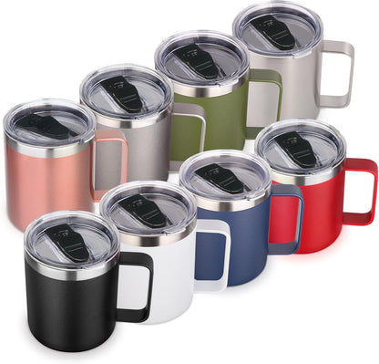 Volhoply 14oz Insulated Stainless Steel Coffee Mug with Lid Bulk,Double Wall Vacuum Travel Coffee Cup with Handle,Reusable Metal Cups Tumbler Cup,Camping Mugs,Ideal Gifts(Mix,4)