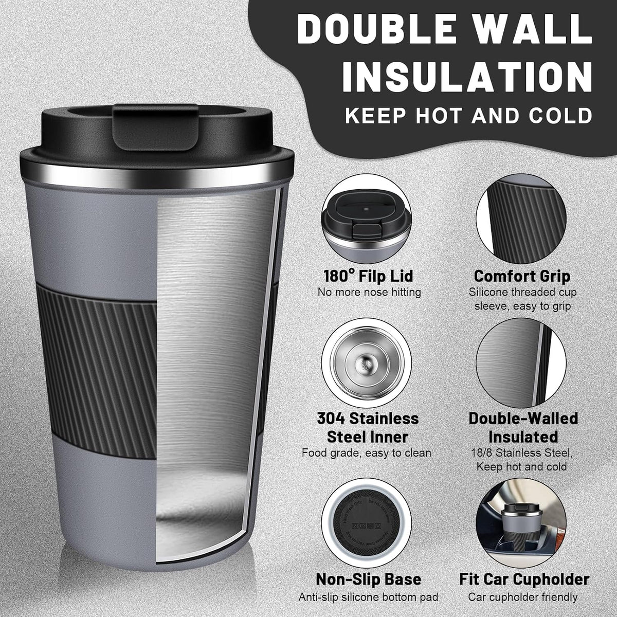 Insulated Coffee Tumblers with Flip Lid 12oz / 17oz, Stainless Steel Coffee Mug Leak Proof, Vacuum Insulated Coffee Mug Reusable Cup, Keeps Cold and Hot for Coffee Tea