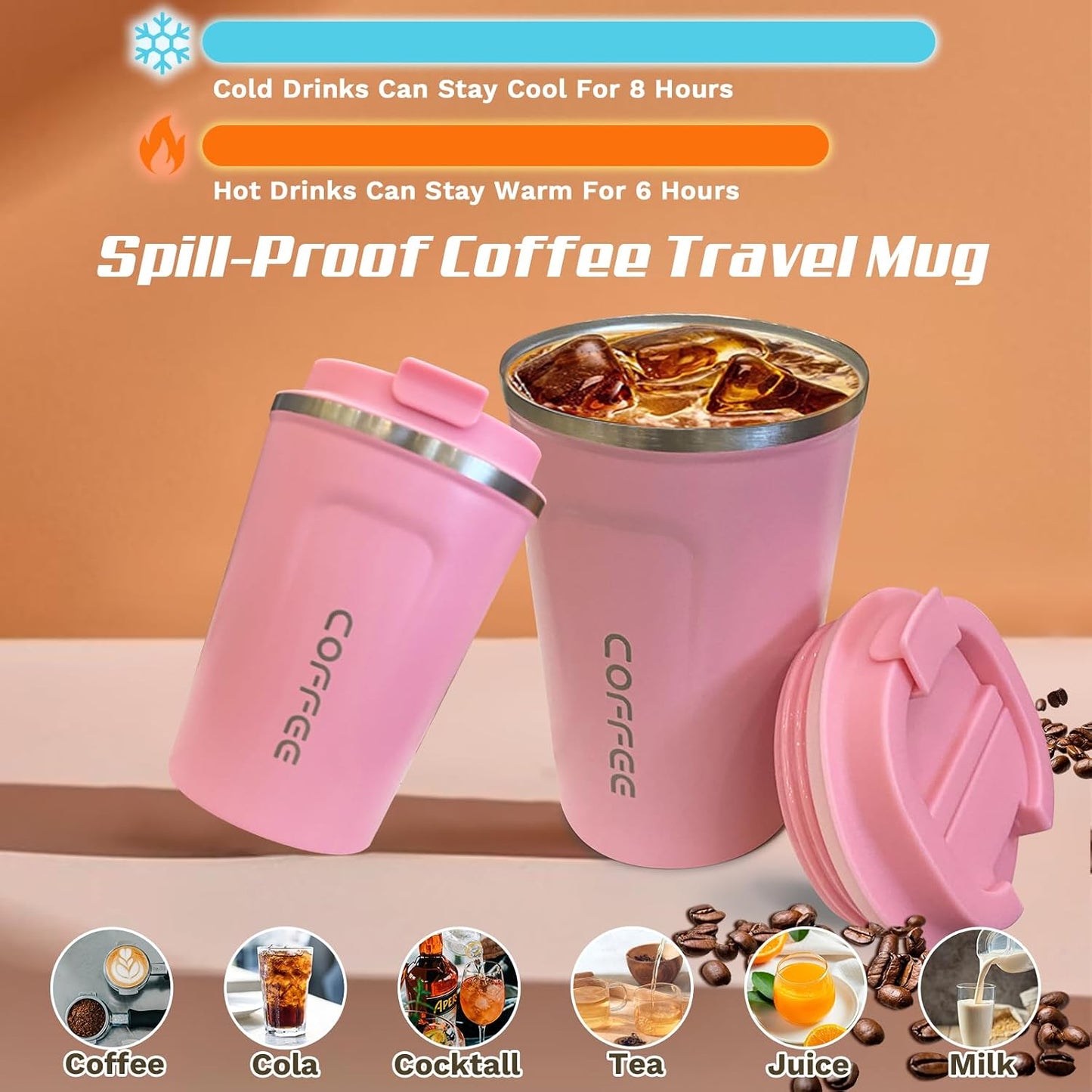 Travel coffee mugs leak-proof,coffee cups with lids, stainless steel vacuum insulated coffee tumblers, thermal insulation cups for men & women keep drinks hot & cold(2nd-Purple Pink, 17OZ)
