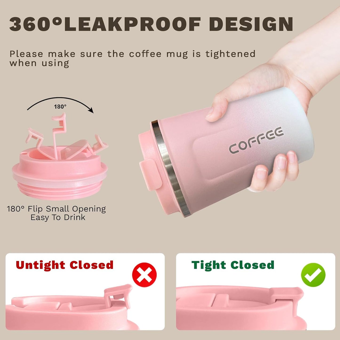 Travel coffee mugs leak-proof,coffee cups with lids, stainless steel vacuum insulated coffee tumblers, thermal insulation cups for men & women keep drinks hot & cold(2nd-Purple Pink, 17OZ)