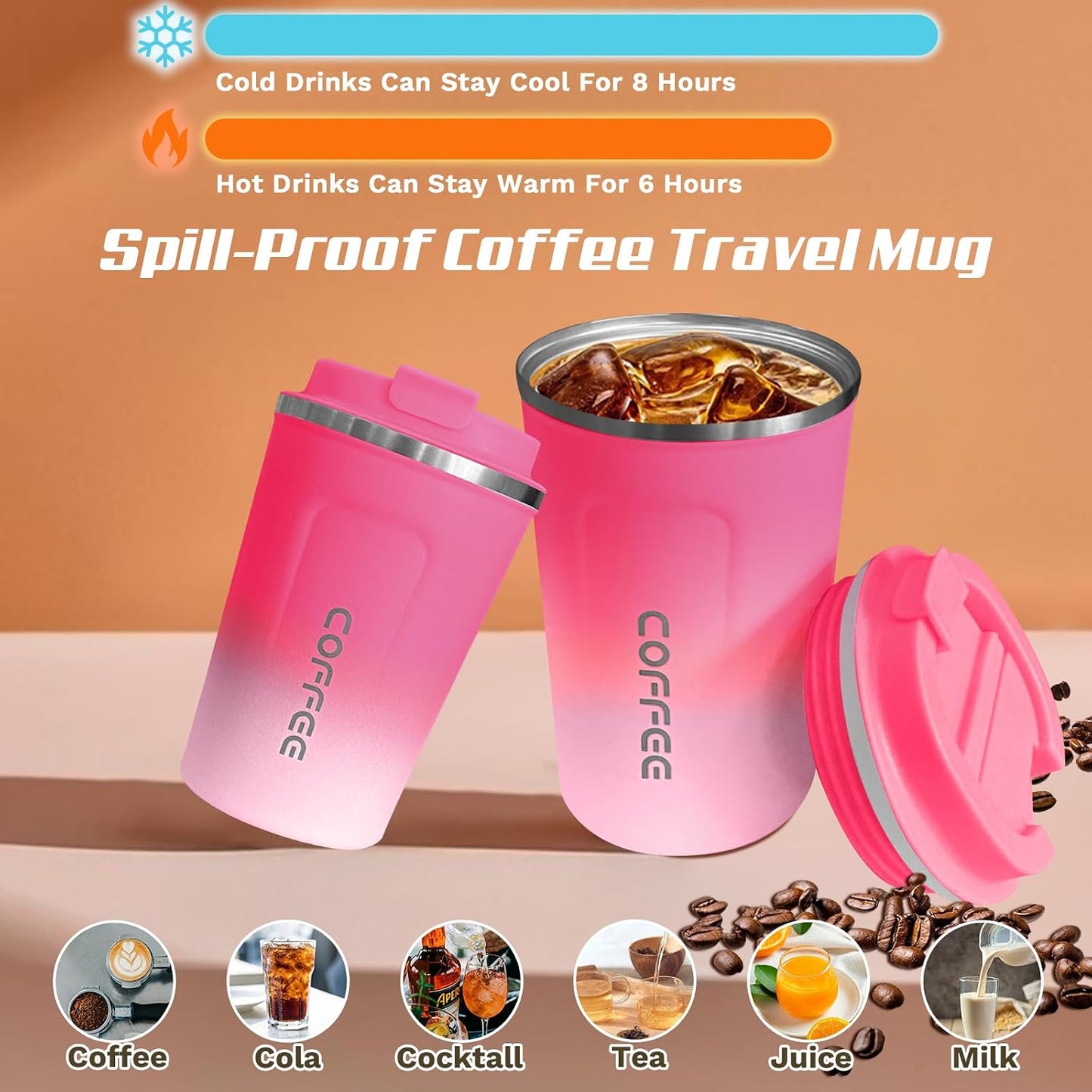 Travel coffee mugs leak-proof,coffee cups with lids, stainless steel vacuum insulated coffee tumblers, thermal insulation cups for men & women keep drinks hot & cold(2nd-Purple Pink, 17OZ)