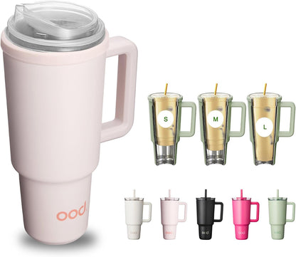 OniVerso 40 oz Stainless Steel Insulated Tumbler with Handle and Straw, Iced Coffee Cup Holder for Disposable Cups, Leak Proof Tumbler, Downtown Blush (Light Pink)