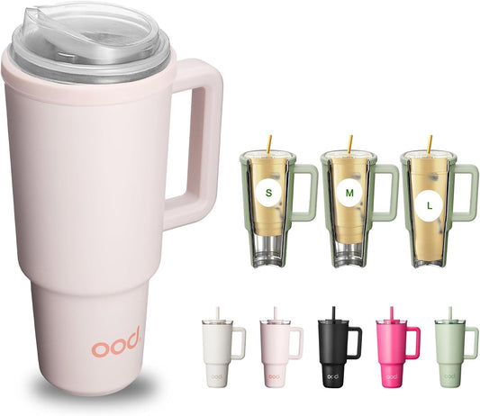 OniVerso 40 oz Stainless Steel Insulated Tumbler with Handle and Straw, Iced Coffee Cup Holder for Disposable Cups, Leak Proof Tumbler, Downtown Blush (Light Pink)