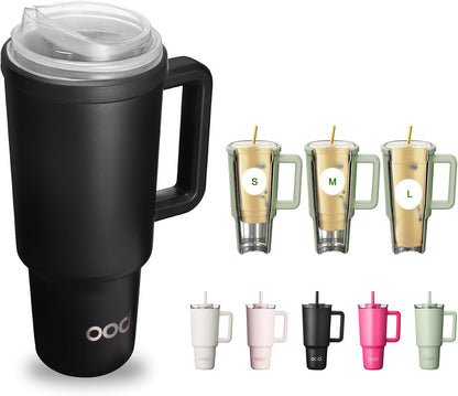 OniVerso 40 oz Stainless Steel Insulated Tumbler with Handle and Straw, Iced Coffee Cup Holder for Disposable Cups, Leak Proof Tumbler, Downtown Blush (Light Pink)