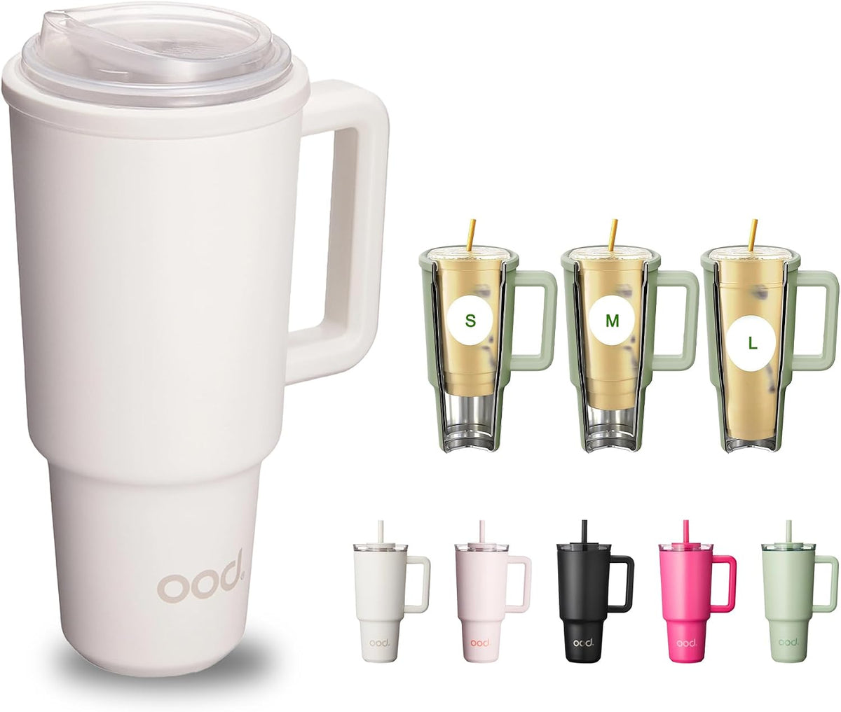 OniVerso 40 oz Stainless Steel Insulated Tumbler with Handle and Straw, Iced Coffee Cup Holder for Disposable Cups, Leak Proof Tumbler, Downtown Blush (Light Pink)