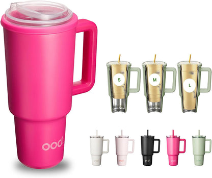 OniVerso 40 oz Stainless Steel Insulated Tumbler with Handle and Straw, Iced Coffee Cup Holder for Disposable Cups, Leak Proof Tumbler, Downtown Blush (Light Pink)