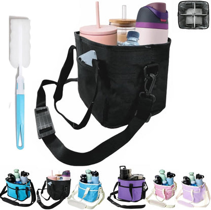Family Size 4-Compartment Drink Carrier Bag for Coffee Cups & Tumblers, 2026 Upgrade Multiple Compartment Drink Bag Carrier, with No-Spill Base and Adjustable Strap, for Outings & Daily Use (Black)