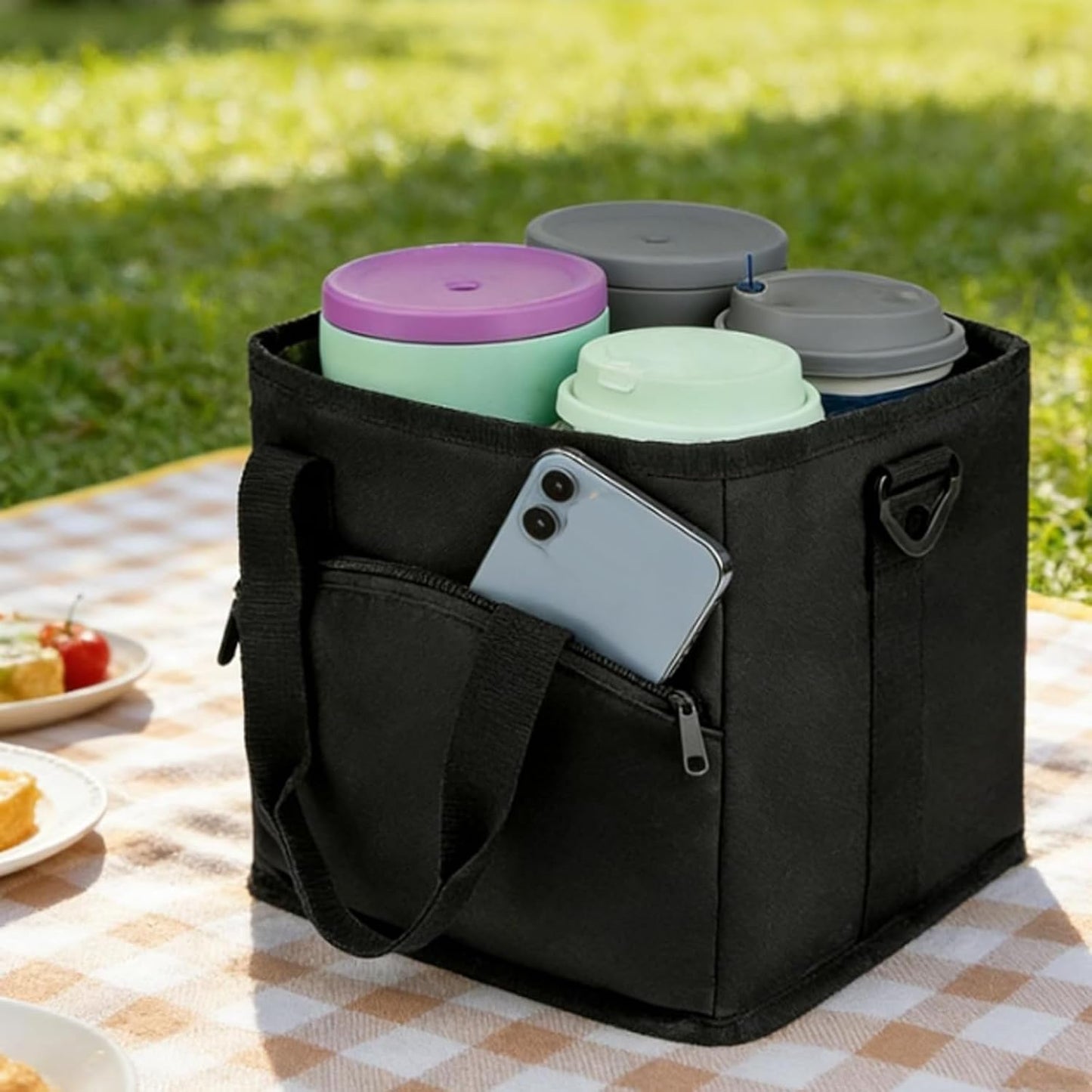 Family Size 4-Compartment Drink Carrier Bag for Coffee Cups & Tumblers, 2026 Upgrade Multiple Compartment Drink Bag Carrier, with No-Spill Base and Adjustable Strap, for Outings & Daily Use (Black)