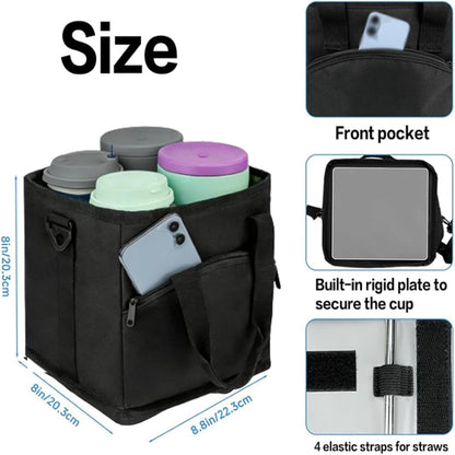 Family Size 4-Compartment Drink Carrier Bag for Coffee Cups & Tumblers, 2026 Upgrade Multiple Compartment Drink Bag Carrier, with No-Spill Base and Adjustable Strap, for Outings & Daily Use (Black)