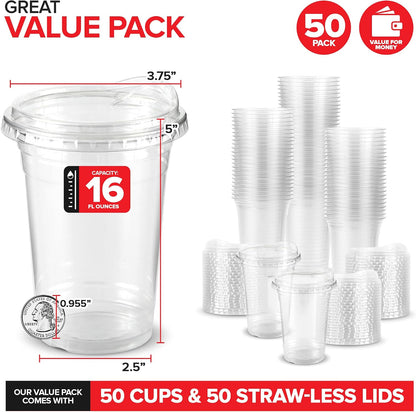 16 oz Clear Plastic Cups with Lids Disposable, Togo Drinking Cup with Strawless Sip Lid for Smoothie, Cold Brew Iced Coffee, Lemonade, Ice Latte, Boba, Party Drinks, Bulk, 16 Ounce (Set of 50)
