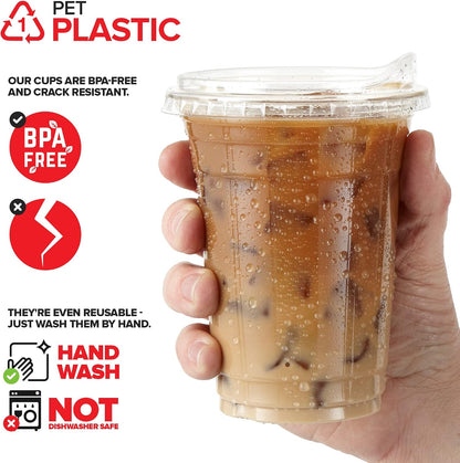 16 oz Clear Plastic Cups with Lids Disposable, Togo Drinking Cup with Strawless Sip Lid for Smoothie, Cold Brew Iced Coffee, Lemonade, Ice Latte, Boba, Party Drinks, Bulk, 16 Ounce (Set of 50)